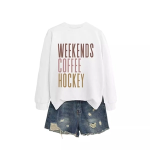 Women's white crewneck sweatshirt with weekends coffee hockey print and denim shorts