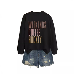Black long sleeve crewneck sweatshirt with Weekends Coffee print and denim shorts set
