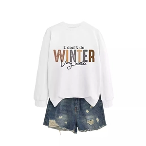 White long sleeve sweatshirt with 'I don't do winter very well' text and denim shorts
