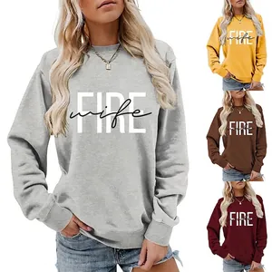 Felpa Casual in Cotone da Donna Stampa di Lettere Girocollo Manica Lunga Top Stile Occidentale Pullover Largo Stampato Fire Wife