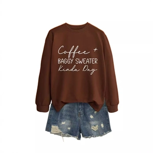 Deep coffee crewneck sweatshirt with slogan print paired with blue denim shorts
