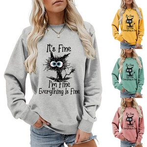 Detailed view showing multi-color options of cat print crewneck long sleeve sweatshirts