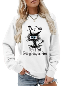 Detail of white crewneck sweatshirt with humorous cat print and Everything Is Fine text