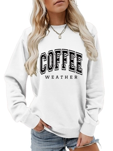 Detail of a white crewneck sweatshirt with black Coffee Weather vintage print