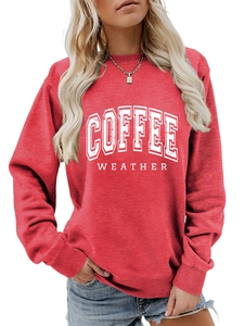 Detail of red crewneck sweatshirt with white Coffee Weather collegiate print