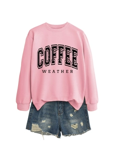 Detail of coffee weather sweatshirt and distressed denim shorts on white background
