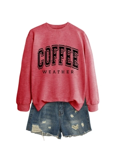 Detail of red Coffee Weather sweatshirt with hollow print and ripped denim shorts