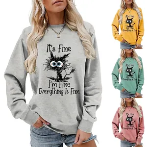 Funny Cat Print Women Sweatshirt Cotton Polyester Blend Round Neck Long Sleeve Casual Loose Pullover Slogan Top