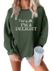 Detail of deep green fleece sweatshirt with white First of All letter print and crew neck