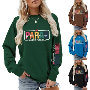 Detail of crew neck sweatshirt with colorful PARAS MAKE IT POSSIBLE print and sleeve text