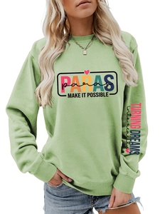 Detail of sage green sweatshirt showing PARA print and graphic text on sleeve
