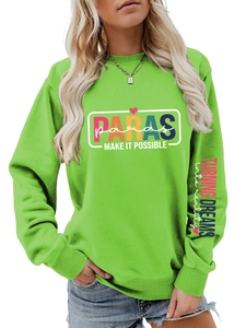 Detail showing colorful slogan print on sleeves of green long sleeve sports sweatshirt