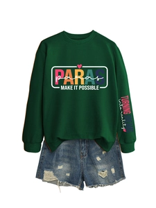 Detail view of dark green sweatshirt with colorful chest print and graphic sleeve design