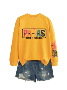 Detail of yellow cotton sweatshirt with PARAS chest print and motivational sleeve text
