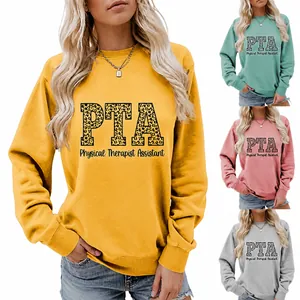 Women's Casual PTA Physical Therapist Assistant Letter Graphic Leopard Print Sweatshirt Long Sleeve Round Neck Pullover Top
