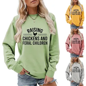 Sweat-shirt à Col Rond pour Femmes Manches Longues Pullover Avec Imprimé Graphique Raising Chickens And Feral Children Top Décontracté en Mélange de Coton