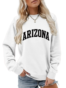 Close-up of white Arizona sweatshirt showing the black letter print and crew neck detail