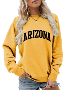 Detail of yellow Arizona graphic sweatshirt featuring ribbed cuffs and soft cotton texture