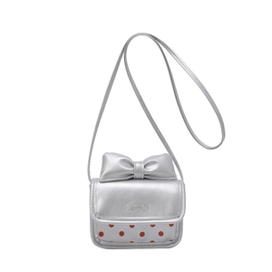 Mini silver PU leather crossbody bag with red polka dots and a cute bow decoration