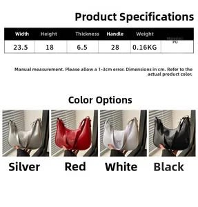 Detailed size chart and multi-color options for stylish crescent shoulder bag