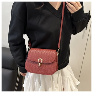 Close-up of brick red woven texture crossbody bag with gold buckle on model