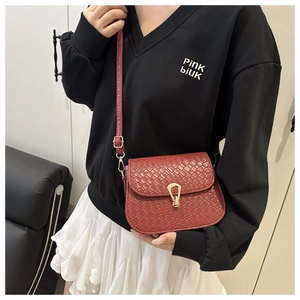 Close-up of brick red woven saddle bag featuring a gold horseshoe metal buckle and strap