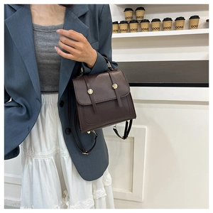 Deep brown retro crossbody bag shown on model with gold hardware and flap closure