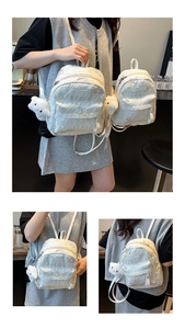 Detail of white quilted backpack featuring butterfly embroidery and plush bear charm
