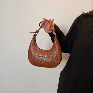 Women's Retro Crescent Hobo Bag PU Leather Silver Bow Decor Braided Crocodile Pattern Underarm Crossbody Bag Casual Fashion Purse