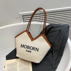 Women Fashion Straw Woven Tote Bag MOBORN PARIS Letter Embroidery Casual Single Shoulder Bag Contrast Leather Trim Beach Vacation Handbag