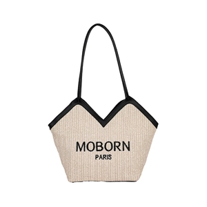 Woven straw tote bag with V-shaped neck, leather trim and Paris letter embroidery