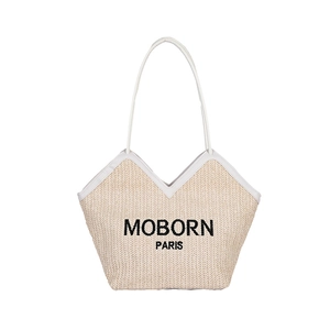 Sac cabas minimaliste en paille beige avec lanières en cuir blanc et broderie MOBORN PARIS