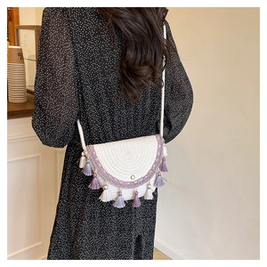 Détail d'un sac tissé avec broderies violettes et franges multicolores