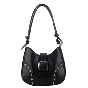 Black leather underarm bag with silver oversized buckle and metal rivet eyelets