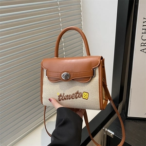 Borsa A Tracolla Da Donna Color Block Tela Pelle PU Cuciture Manico Superiore Borsa A Mano Ricamo Borsa Quadrata