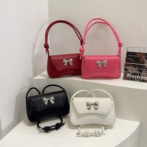 Retro shoulder bag set with woven texture flap and metallic bow decoration