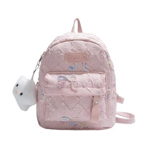 Pink quilted school backpack with butterfly embroidery and cloud plush keychain accessory