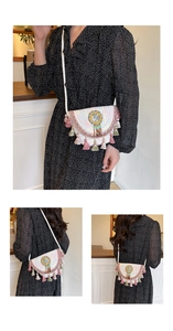Detailed views of Bohemian hand-woven crossbody bag with colorful tassels and beadwork