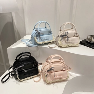 Sweet Lace Bow Shell Bag For Women Fashion Checkered Ribbon PU Leather Shoulder Crossbody Handbag Japanese Lolita Bag