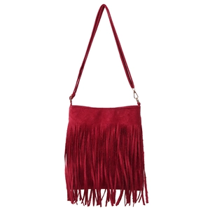 Minimalist red suede shoulder bag with long fringe tassels and golden hardware detail
