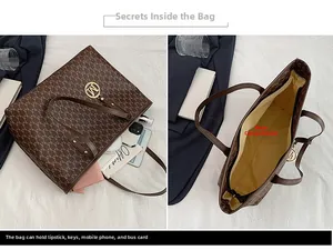 Detailed interior and exterior views of a brown monogram tote bag with large capacity