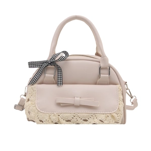 Lace拼接 retro cream white handbag with checkered bow and crossbody strap for women