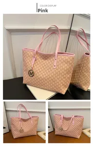 Detailed views of a pink tote bag featuring M-pattern print and gold letter charm