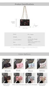 Detailed size specifications and material table for the cherry print crossbody bag