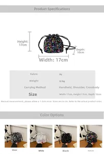 Vue détaillée des sacs seaux à paillettes avec dimensions et quatre options de couleurs