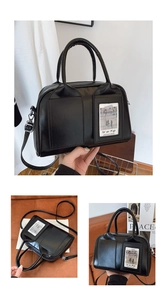 Detail of black glossy shell bag featuring unique transparent card slot and top handles