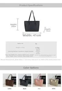Detailed size specifications and color options for the large monogram printed tote bag
