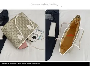 Internal structure of a chic beige jacquard tote bag showing large capacity for items