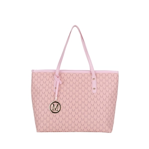 Pink tote bag with letter M jacquard print and gold metal pendant on white background