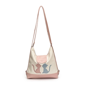 Grand sac cabas crème et rose avec applique chat et bandoulière réglable
